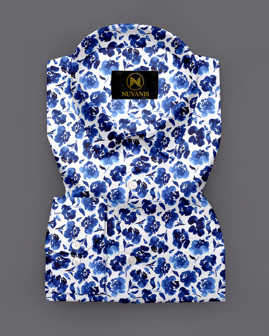 Royal Blue Flower Printed Full Sleeve Shirt