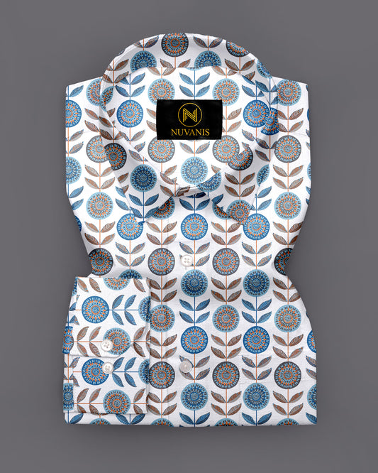 White Flower Printed Full Sleeve Shirt