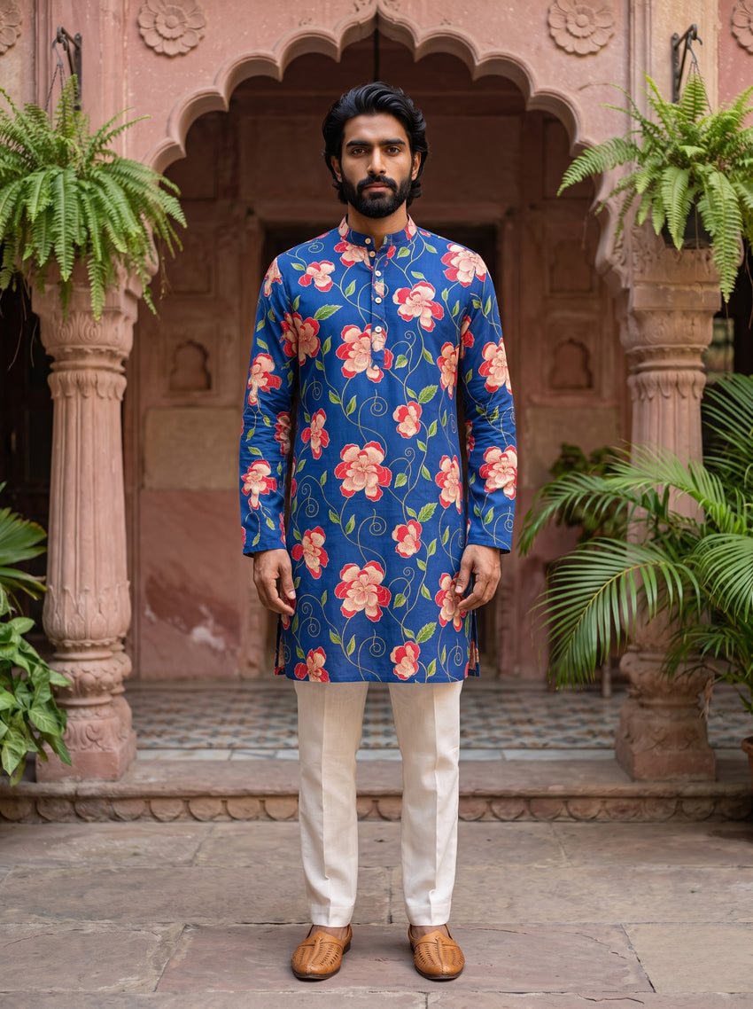 Royal Blue Floral Printed Men's Kurta