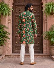 Dark Green Floral Printed Men's Kurta