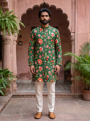 Dark Green Floral Printed Men's Kurta