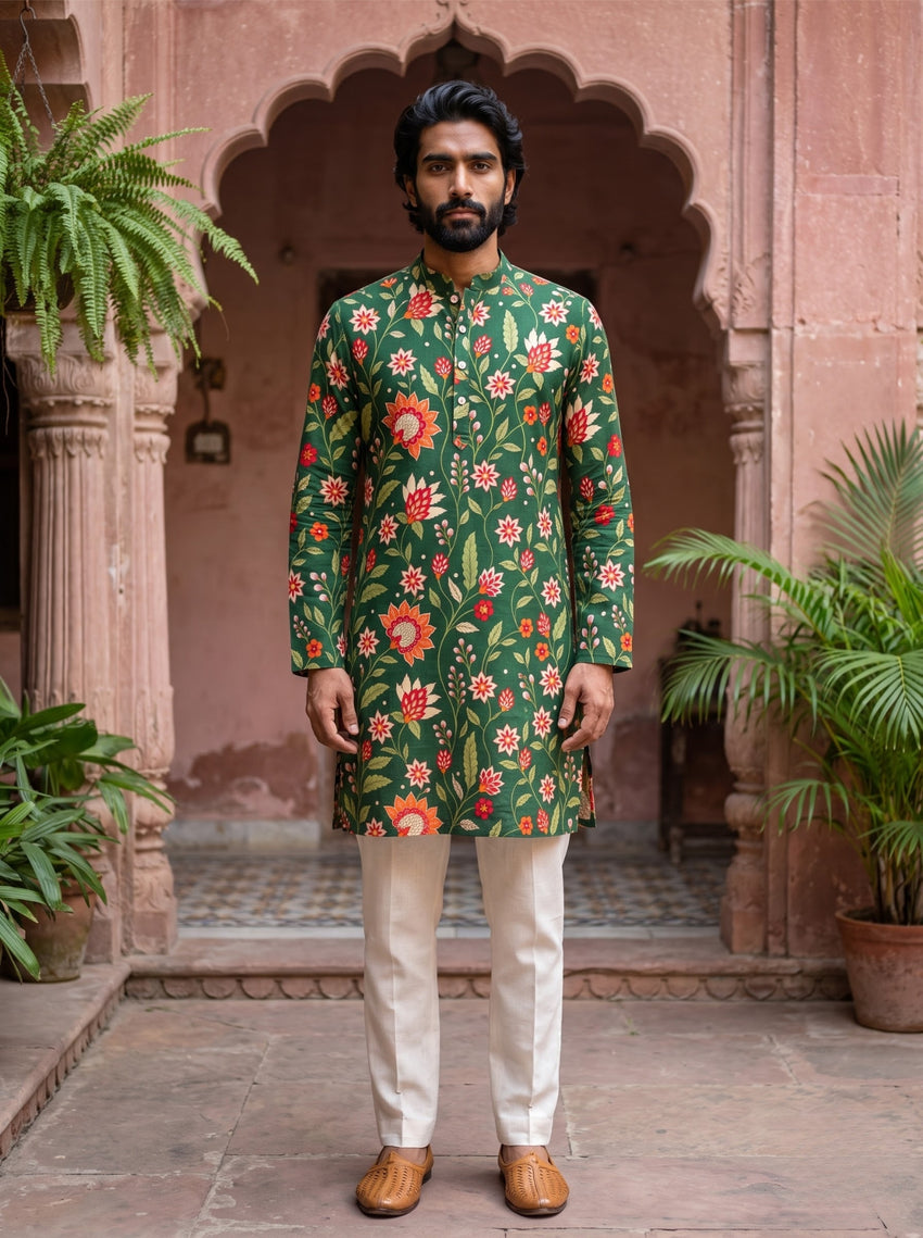Dark Green Floral Printed Men's Kurta