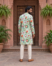 Ivory Floral Printed Men's Kurta