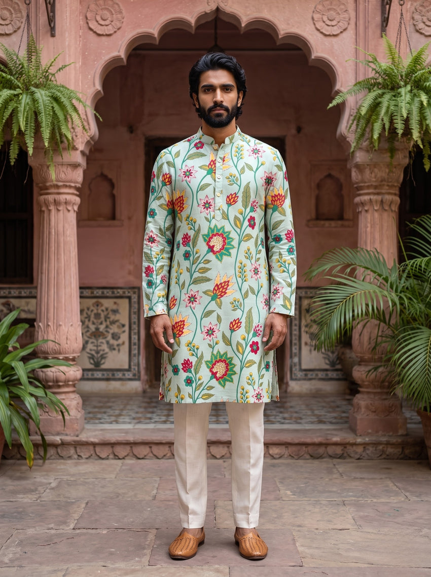 Ivory Floral Printed Men's Kurta