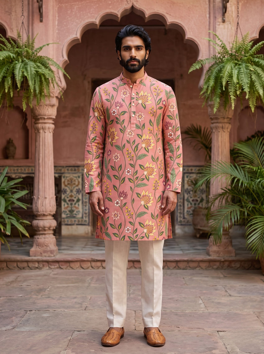 Peach Floral Printed Men's Kurta