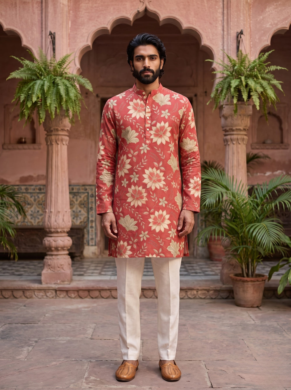 Coral Floral Printed Men's Kurta