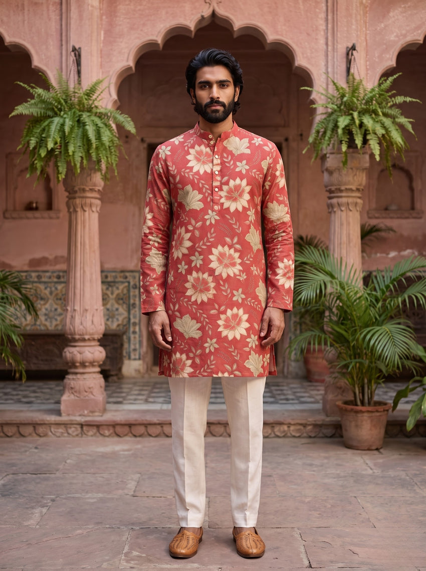 Coral Floral Printed Men's Kurta
