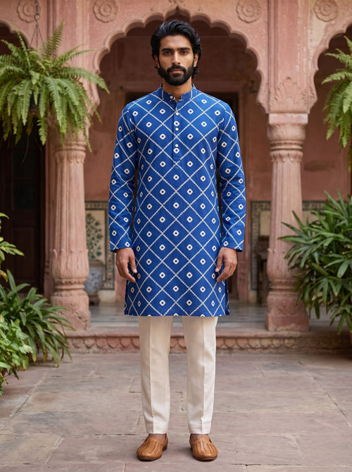 Royal Blue Geometric Printed Men's Kurta
