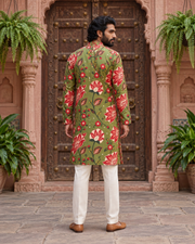 Olive Green Floral Printed Men's Kurta