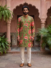 Olive Green Floral Printed Men's Kurta