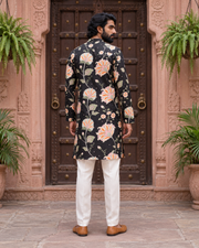 Black Floral Printed Men's Kurta
