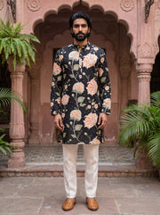 Black Floral Printed Men's Kurta