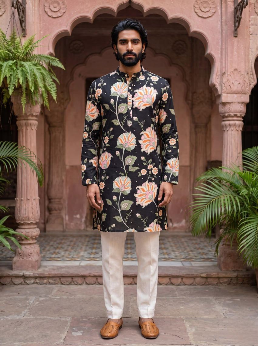 Black Floral Printed Men's Kurta