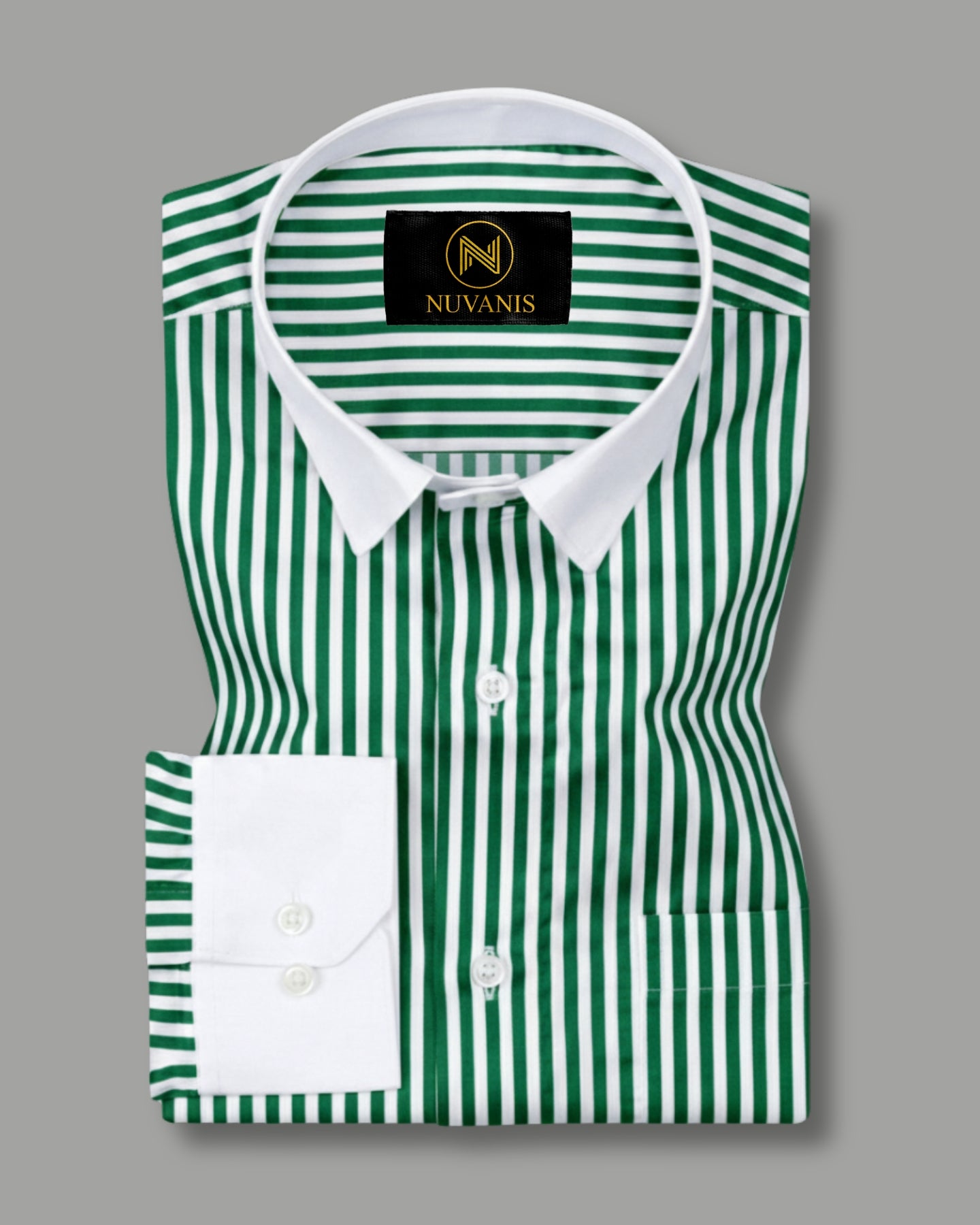 Green And White Cuff Collar Striped Printed Shirt