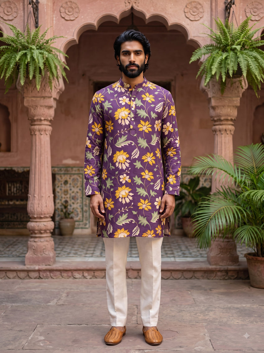 Purple Floral Printed Men's Kurta