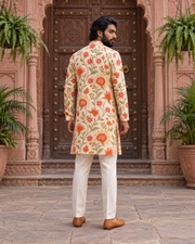 Cream Floral Printed Men's Kurta