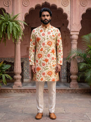 Cream Floral Printed Men's Kurta