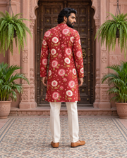 Maroon Floral Printed Men's Kurta