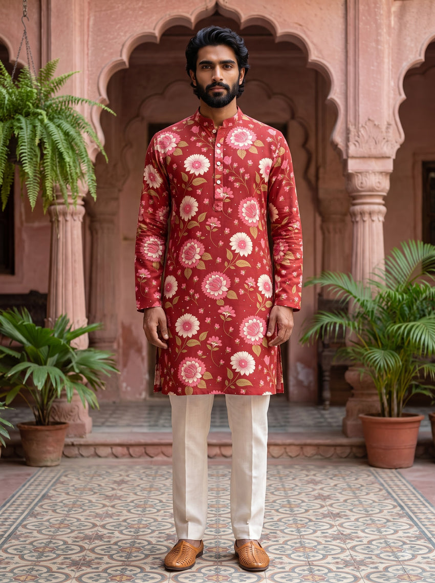 Maroon Floral Printed Men's Kurta