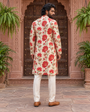 Ivory Red Floral Printed Men's Kurta