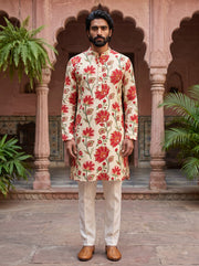 Ivory Red Floral Printed Men's Kurta