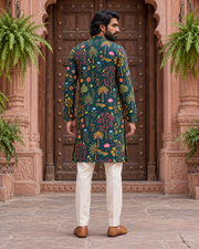 Teal Botanical Printed Men's Kurta