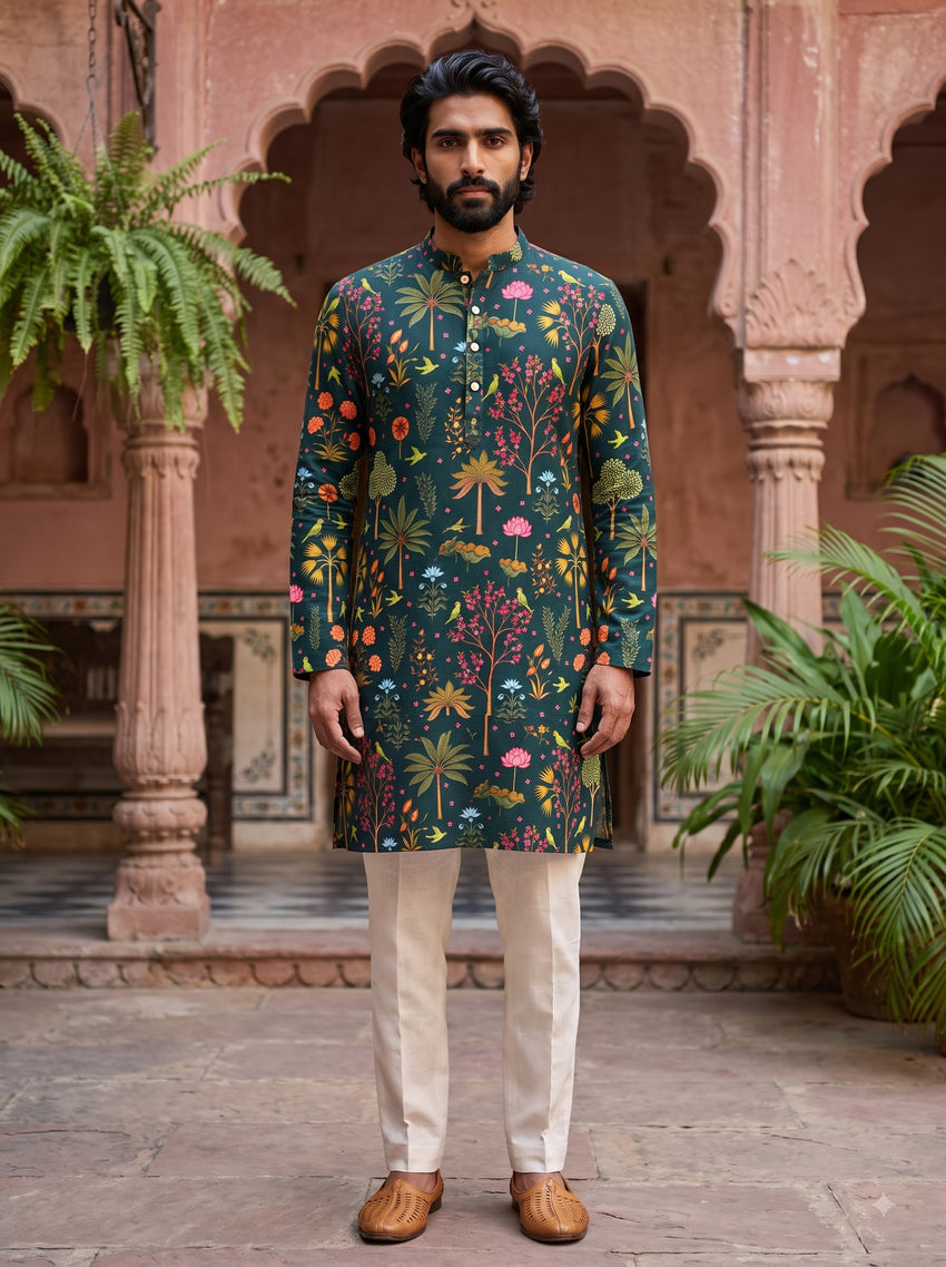 Teal Botanical Printed Men's Kurta
