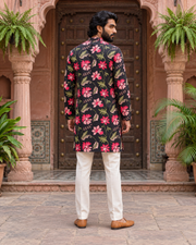 Black Pink Floral Printed Men's Kurta