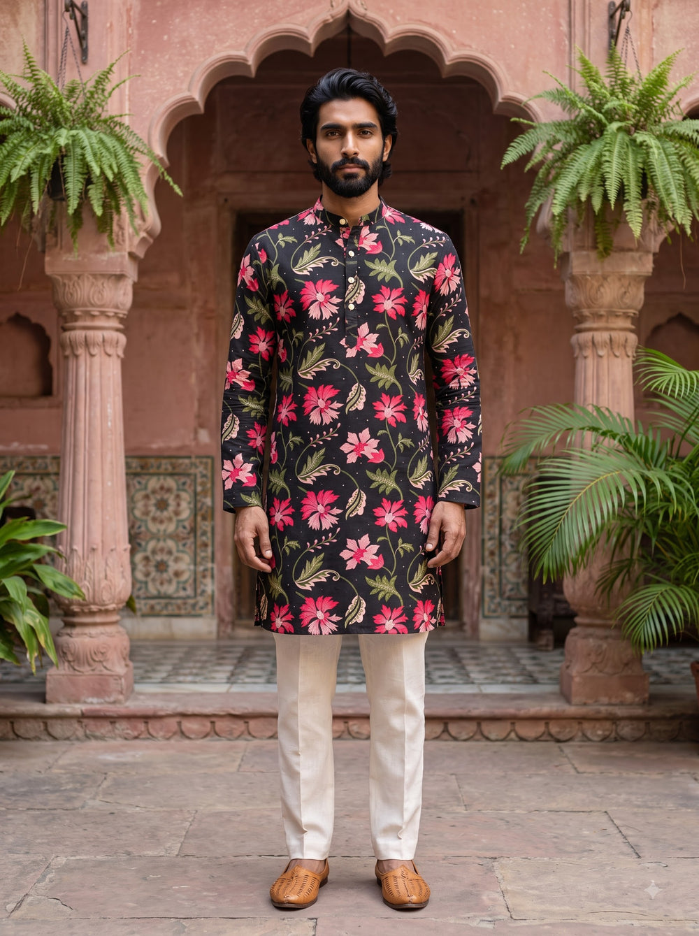 Black Pink Floral Printed Men's Kurta