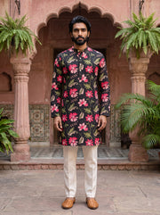 Black Pink Floral Printed Men's Kurta