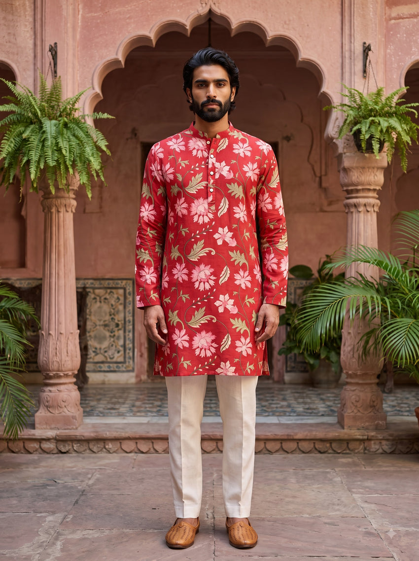 Red Floral Printed Men's Kurta