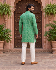Green Geometric Printed Men's Kurta