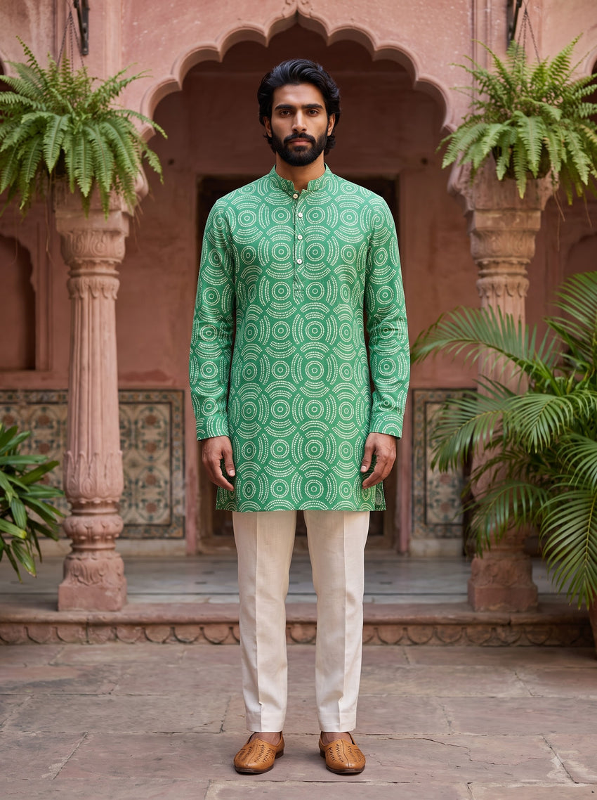 Green Geometric Printed Men's Kurta