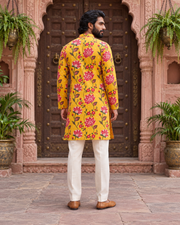Mustard Yellow Floral Printed Men's Kurta