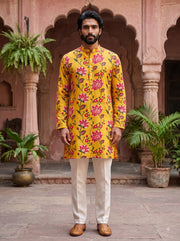 Mustard Yellow Floral Printed Men's Kurta