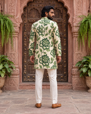 Ivory Green Floral Printed Men's Kurta