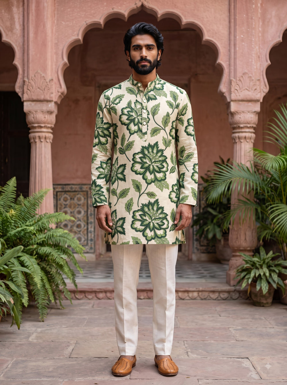 Ivory Green Floral Printed Men's Kurta