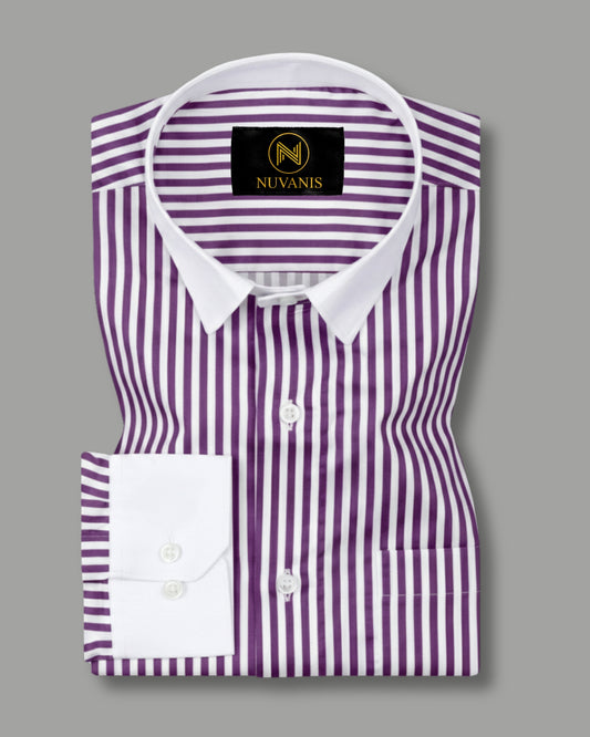 Purple And White Cuff Collar Striped Printed Shirt