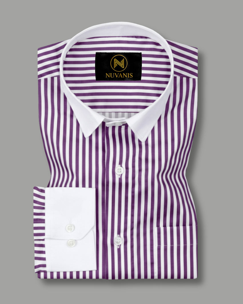 Purple And White Cuff Collar Striped Printed Shirt
