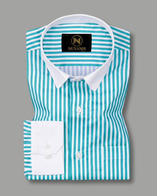 Cyan And White Cuff Collar Striped Printed Shirt