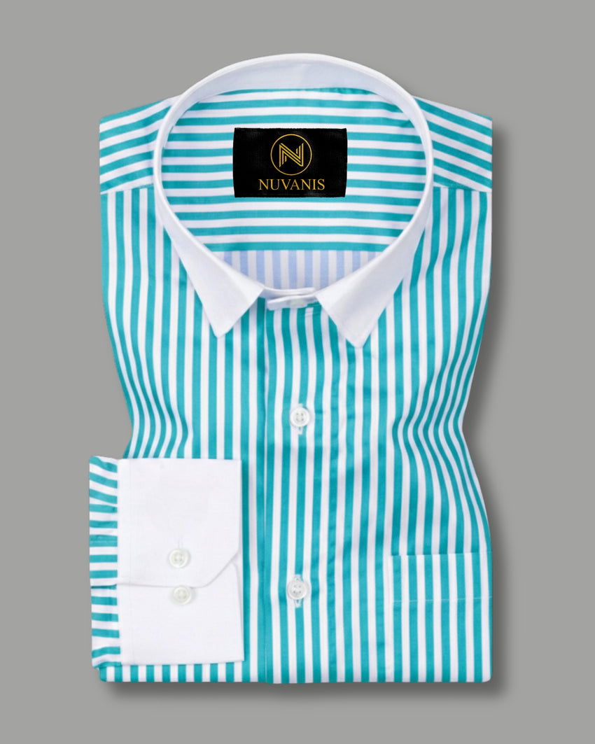 Cyan And White Cuff Collar Striped Printed Shirt