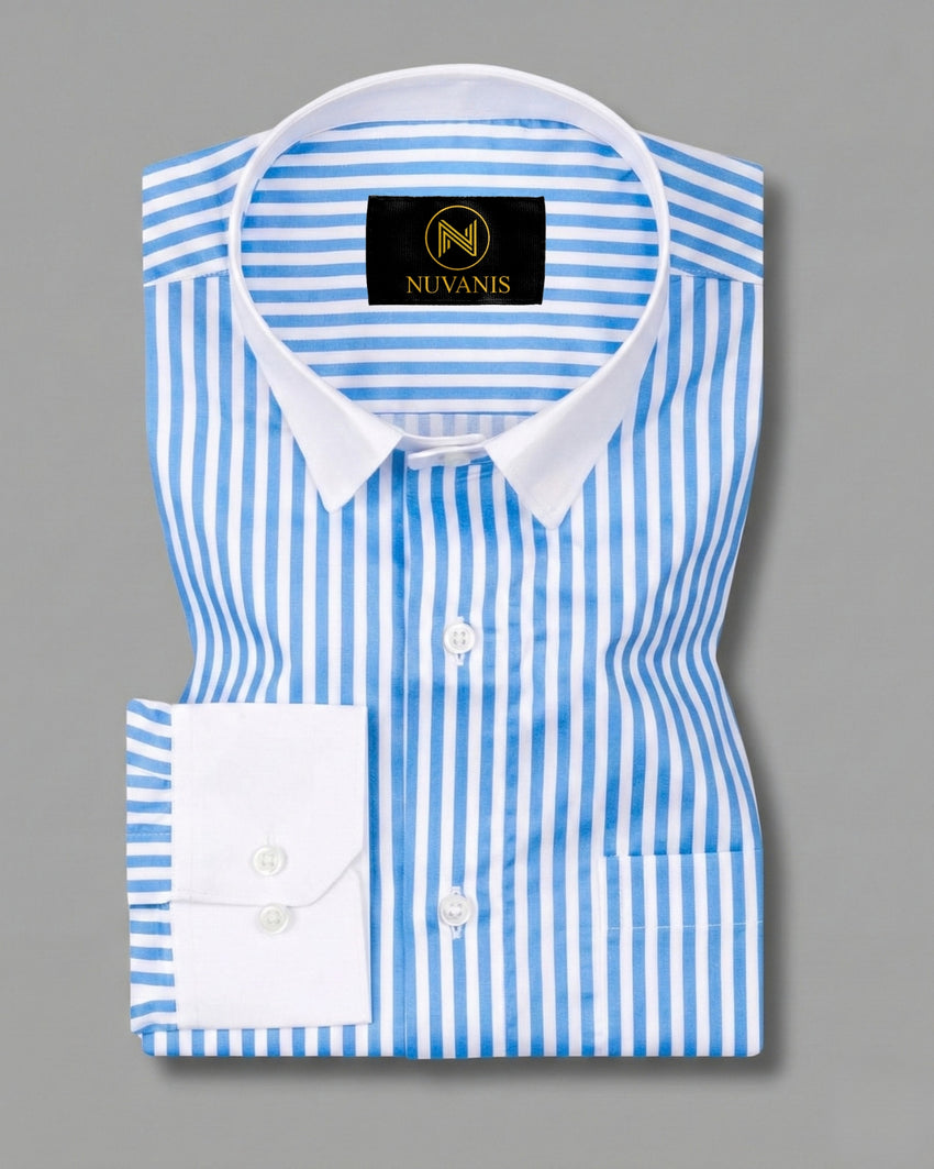 Sky Blue And White Cuff Collar Striped Printed Shirt