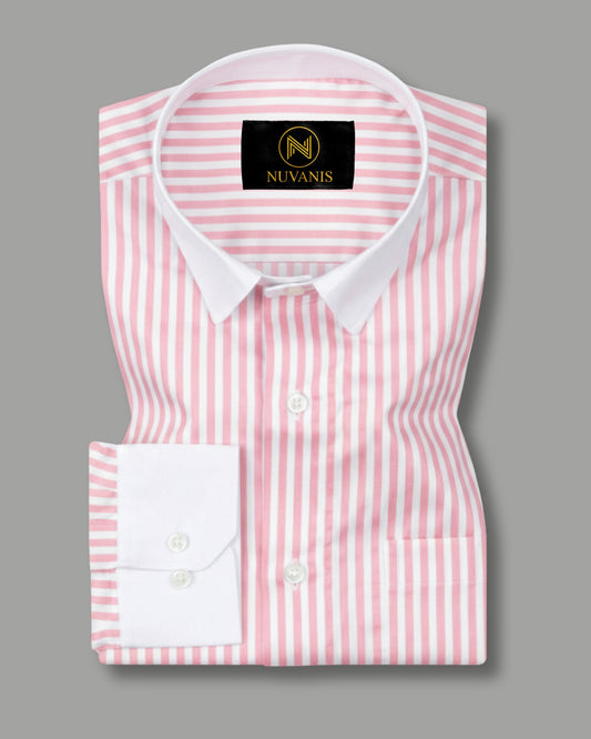 Pink And White Cuff Collar Striped Printed Shirt