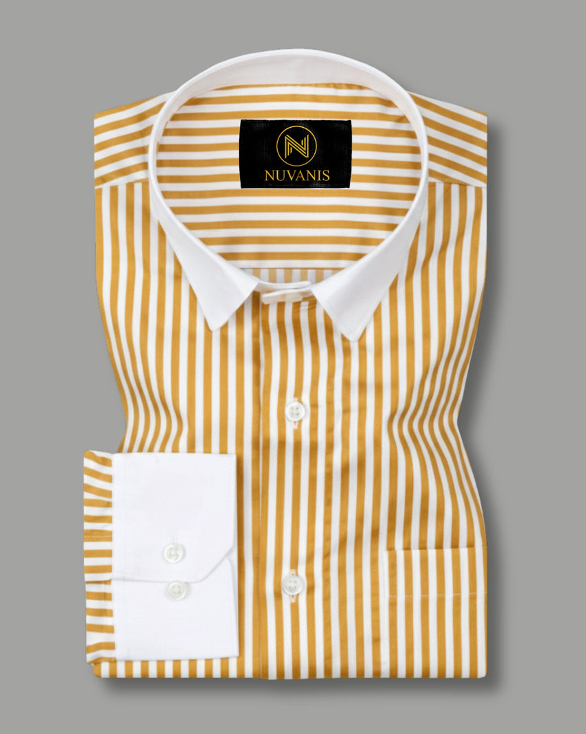 Mustard And White Cuff Collar Striped Printed Shirt