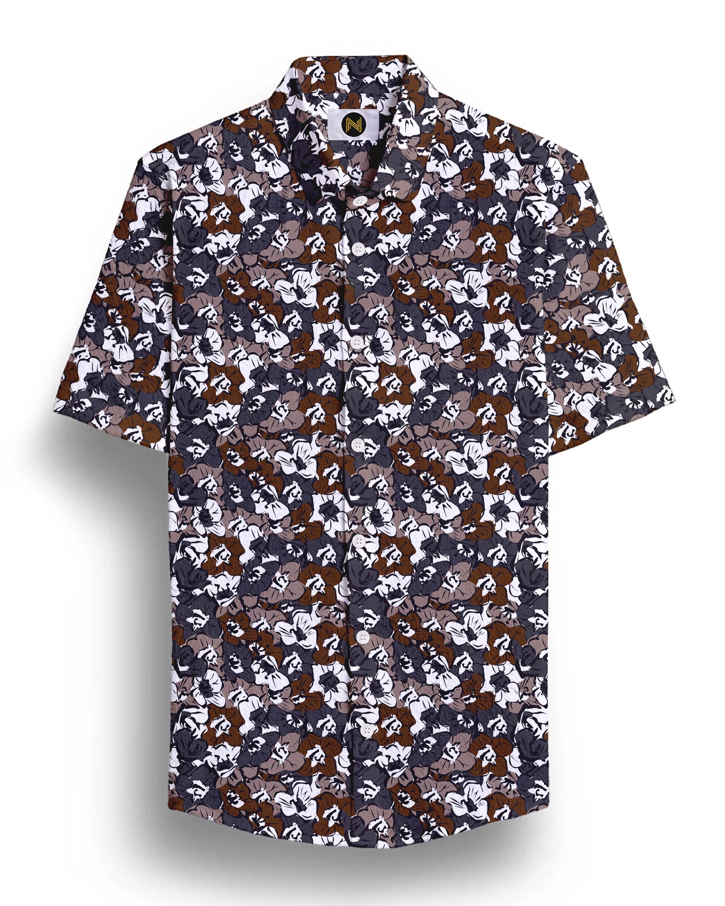 Brown Flower Printed Half Sleeve Shirt