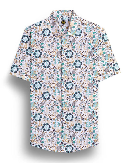 Off White Flower Printed Half Sleeve Shirt