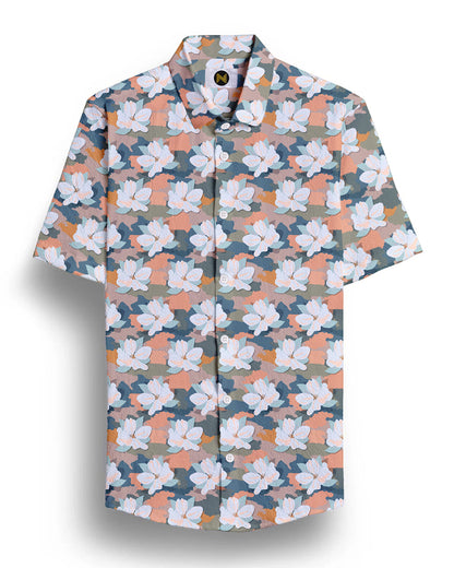 Orange Flower Printed Half Sleeve Shirt