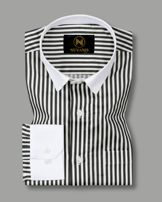 Black And White Cuff Collar Striped Printed Shirt