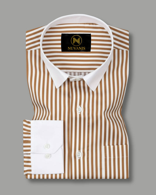 Coffee And White Cuff Collar Striped Printed Shirt