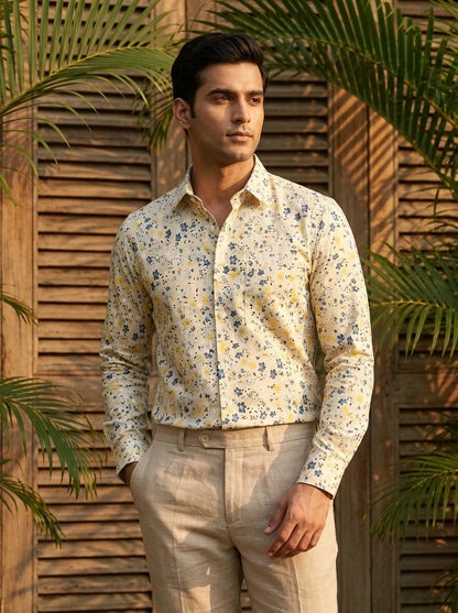 Cream Flower Printed Designer Full Sleeve Shirt